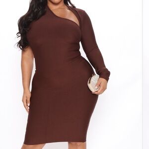 Fashion Nova Chocolate Brown One-Sleeve Midi Dress